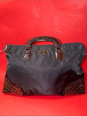 Prada Black Nylon Briefcase with Brown Croc-Effect Leather Trim